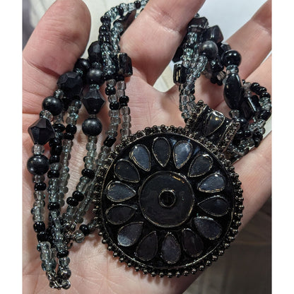 Black And Grey Multilayer Beaded Floral Medallion Pendant Necklace