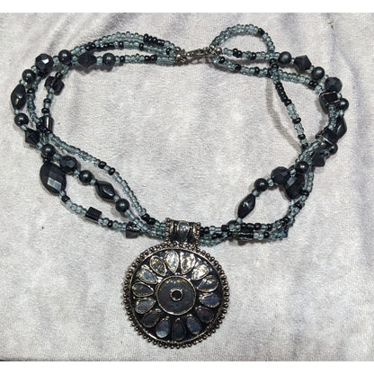 Black And Grey Multilayer Beaded Floral Medallion Pendant Necklace