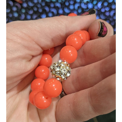 Neon Coral Rhinestone Beaded Stretch Bracelet