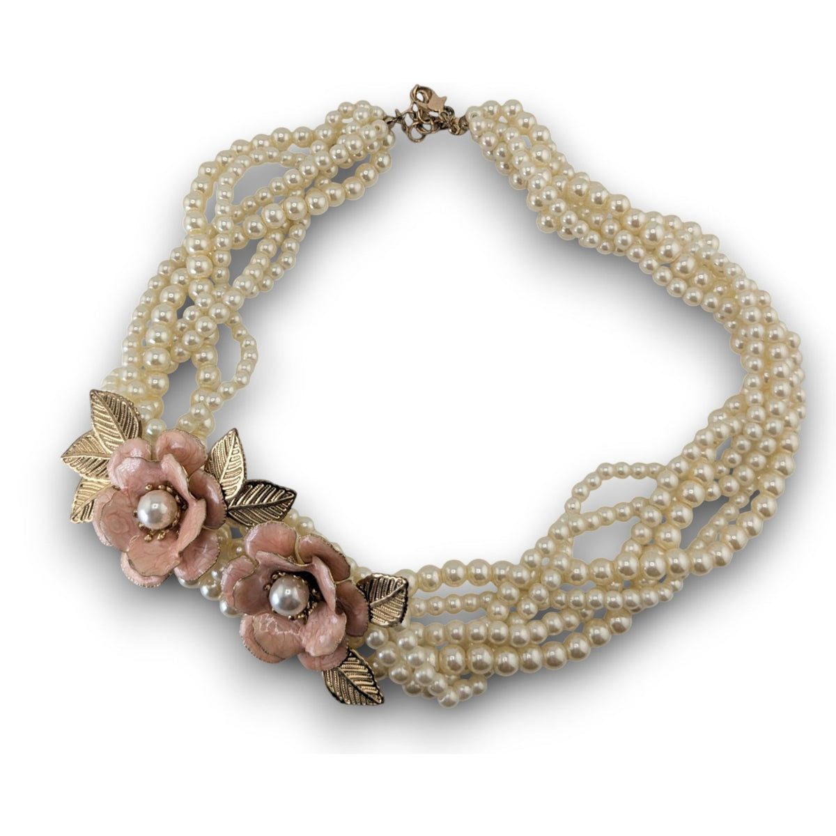 Romantic Floral Faux Pearl Cream Pink Multistrand Necklace 14 Inch Like New