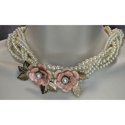 Romantic Floral Faux Pearl Cream Pink Multistrand Necklace 14 Inch Like New
