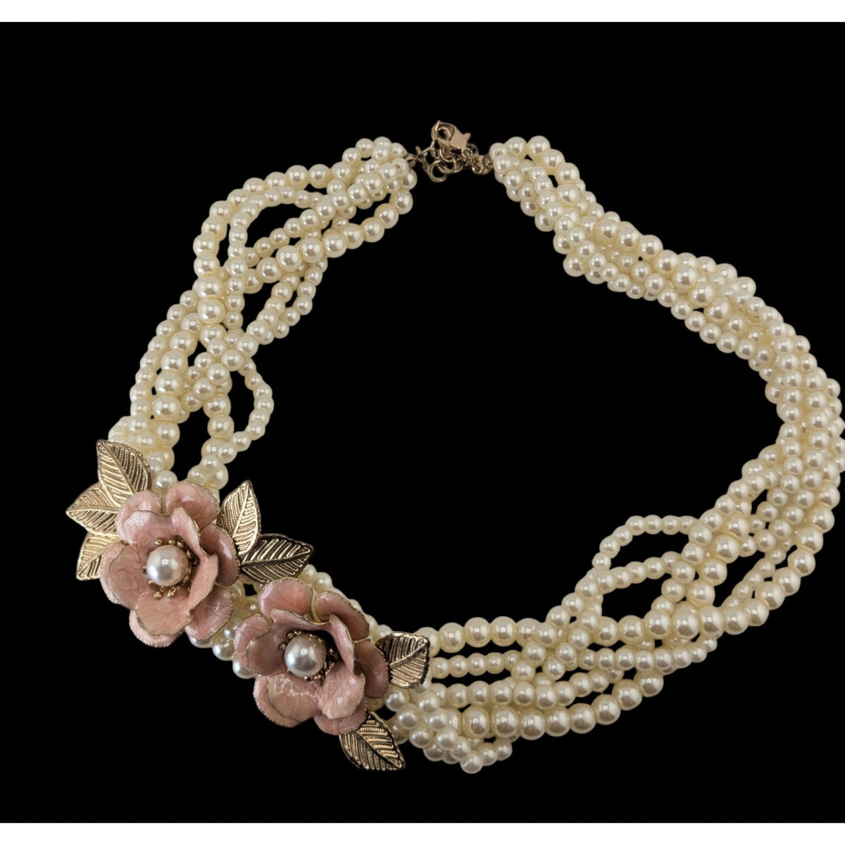 Romantic Floral Faux Pearl Cream Pink Multistrand Necklace 14 Inch Like New