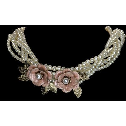 Romantic Floral Faux Pearl Cream Pink Multistrand Necklace 14 Inch Like New