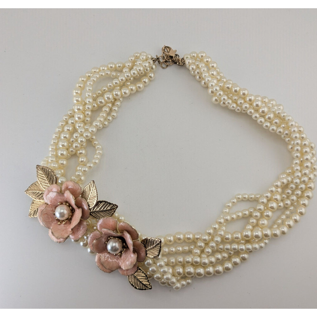 Romantic Floral Faux Pearl Cream Pink Multistrand Necklace 14 Inch Like New