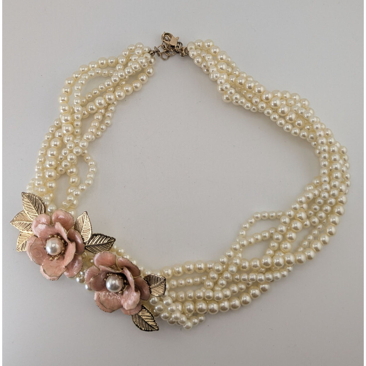 Romantic Floral Faux Pearl Cream Pink Multistrand Necklace 14 Inch Like New