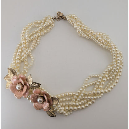 Romantic Floral Faux Pearl Cream Pink Multistrand Necklace 14 Inch Like New