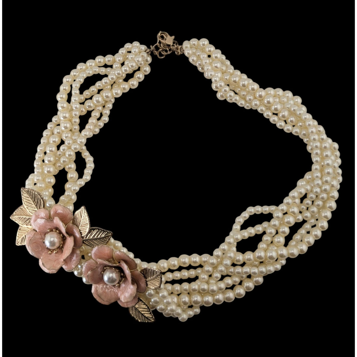 Romantic Floral Faux Pearl Cream Pink Multistrand Necklace 14 Inch Like New