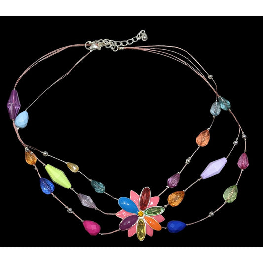 Rainbow Floral Enamel And Rhinestone Layered Beaded Necklace