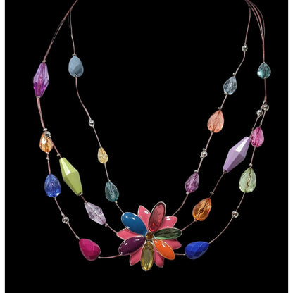 Rainbow Floral Enamel And Rhinestone Layered Beaded Necklace