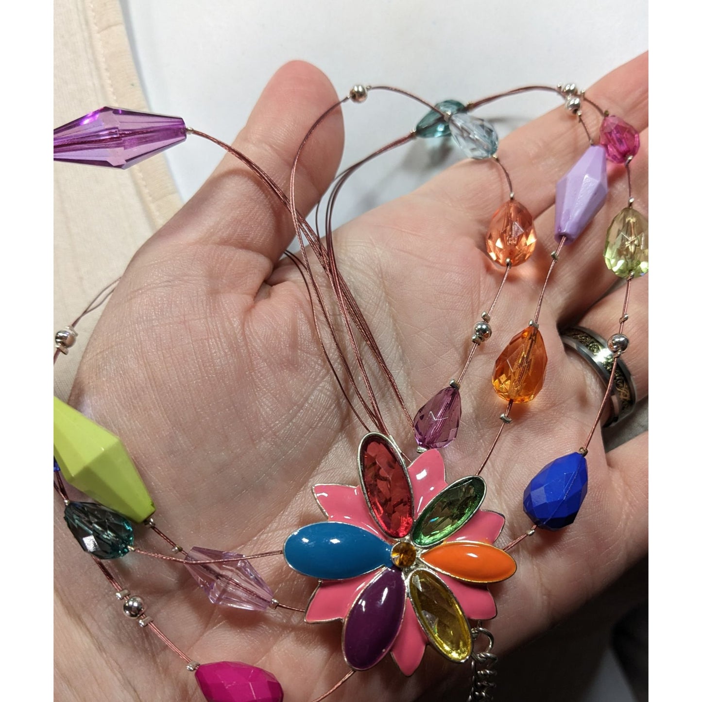 Rainbow Floral Enamel And Rhinestone Layered Beaded Necklace