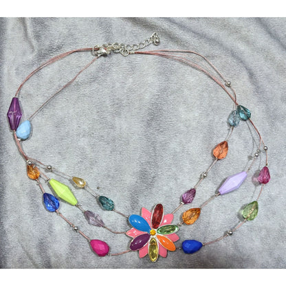 Rainbow Floral Enamel And Rhinestone Layered Beaded Necklace