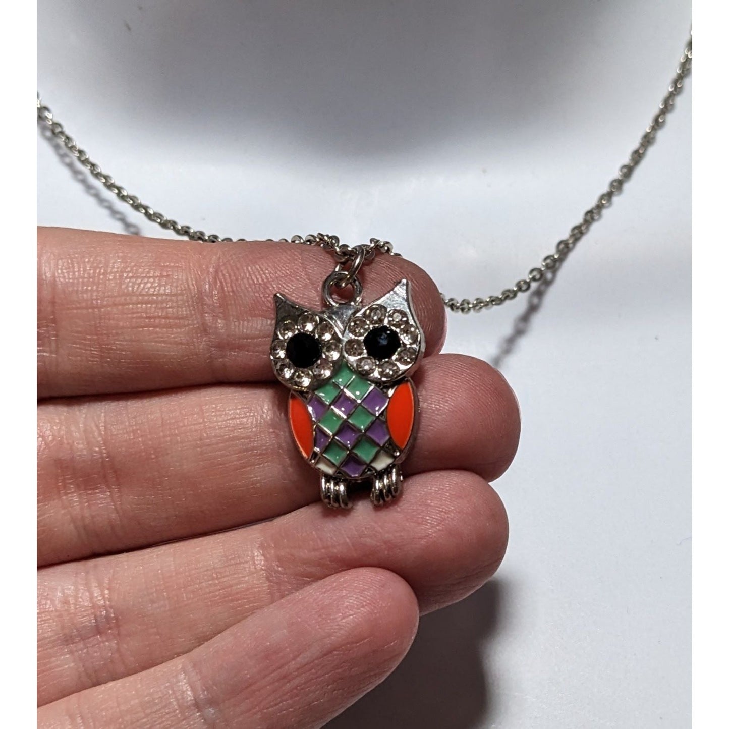 Rainbow Enamel Rhinestone Owl Pendant Necklace