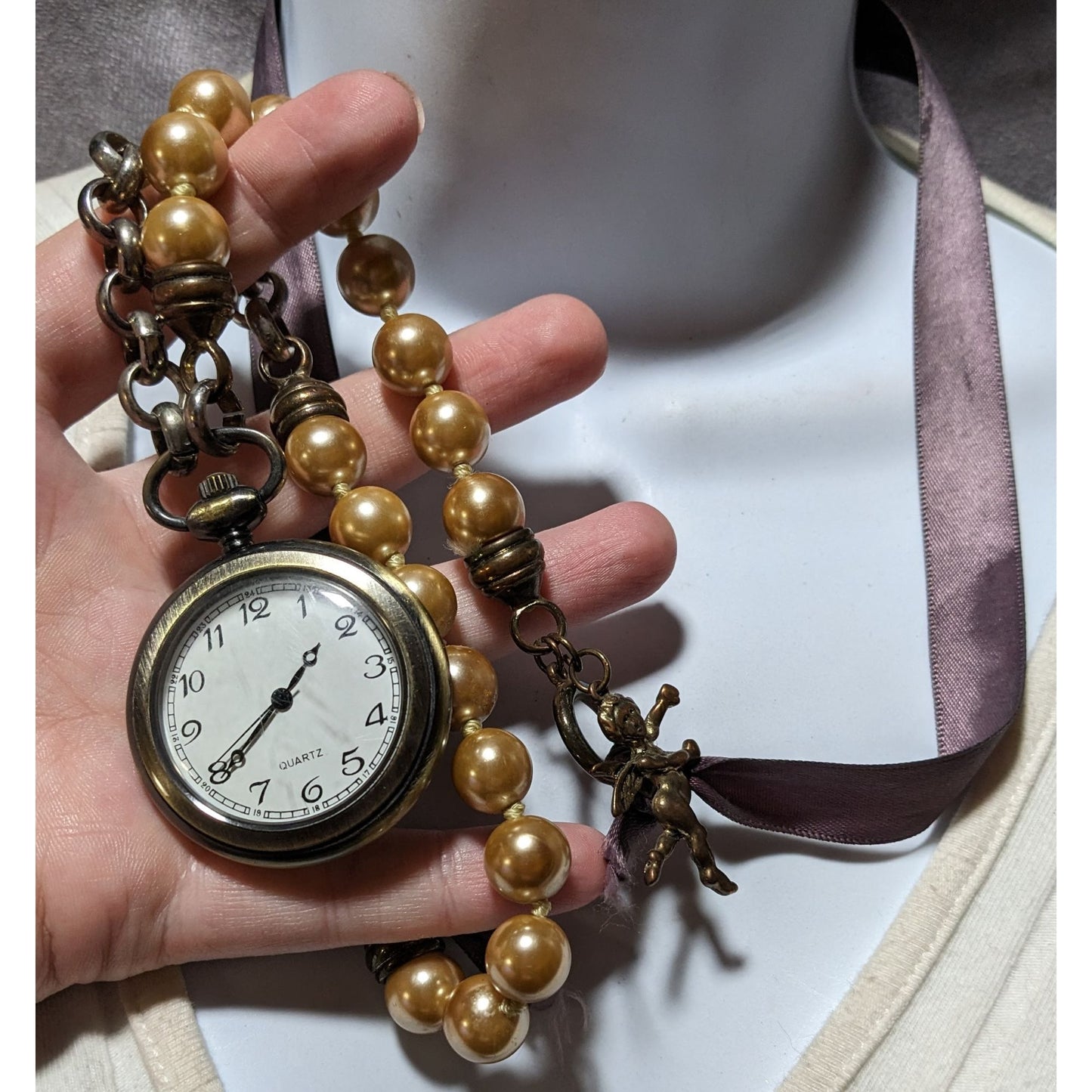 Upcycled Victorian Style Pearl Ribbon Watch Necklace