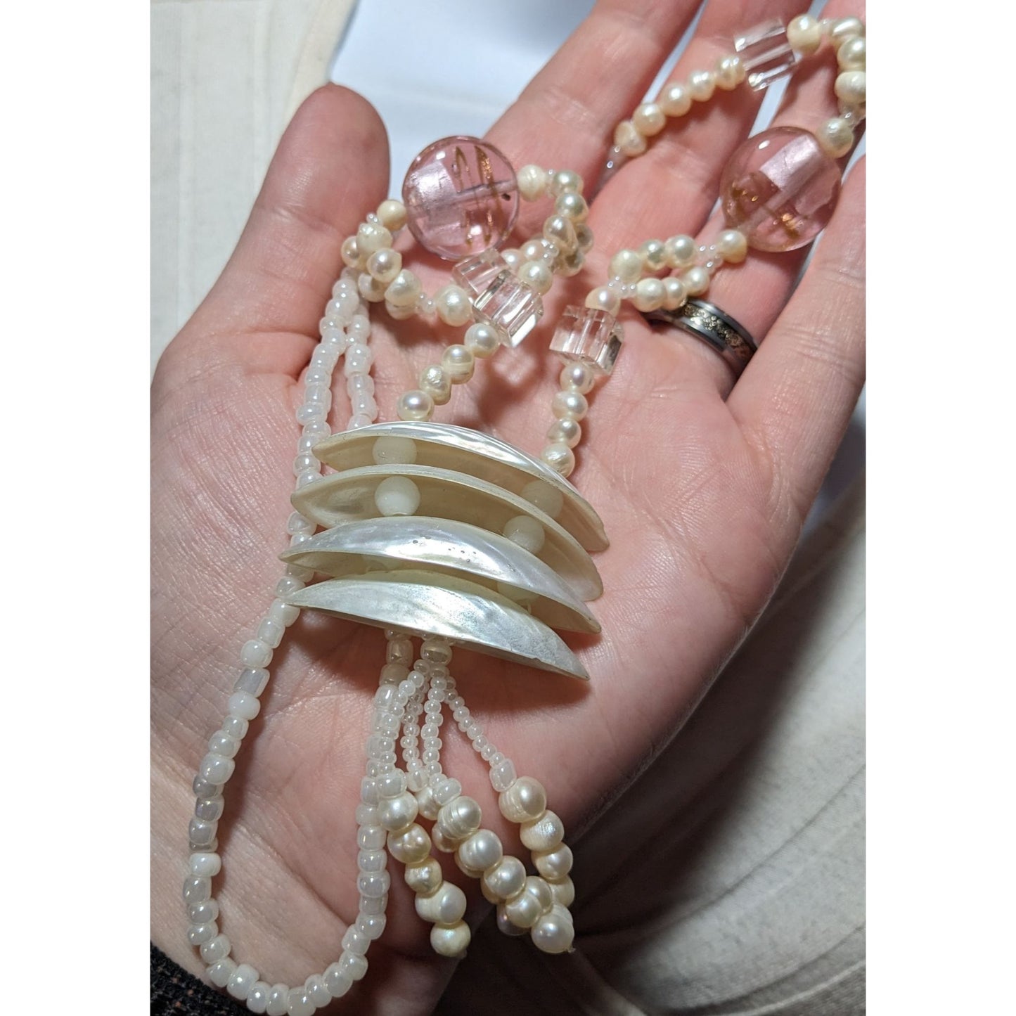 Vintage Pearl Shell Beaded Chandelier Necklace