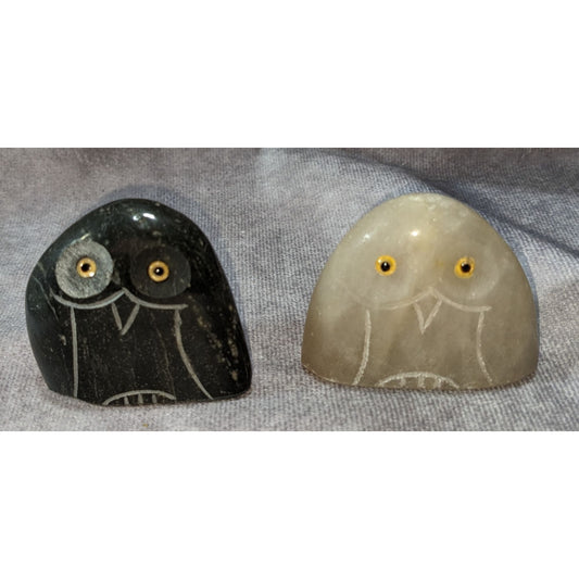 Woodland Cottagecore Carved Stone Black White Owl Figurines Set of 2