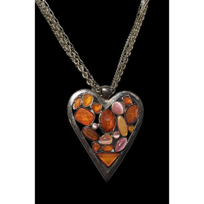 Pink And Orange Gemmed Heart Pendant Necklace