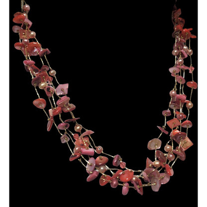 Multi-Strand Pink Shell Chip And Pearl Necklace
