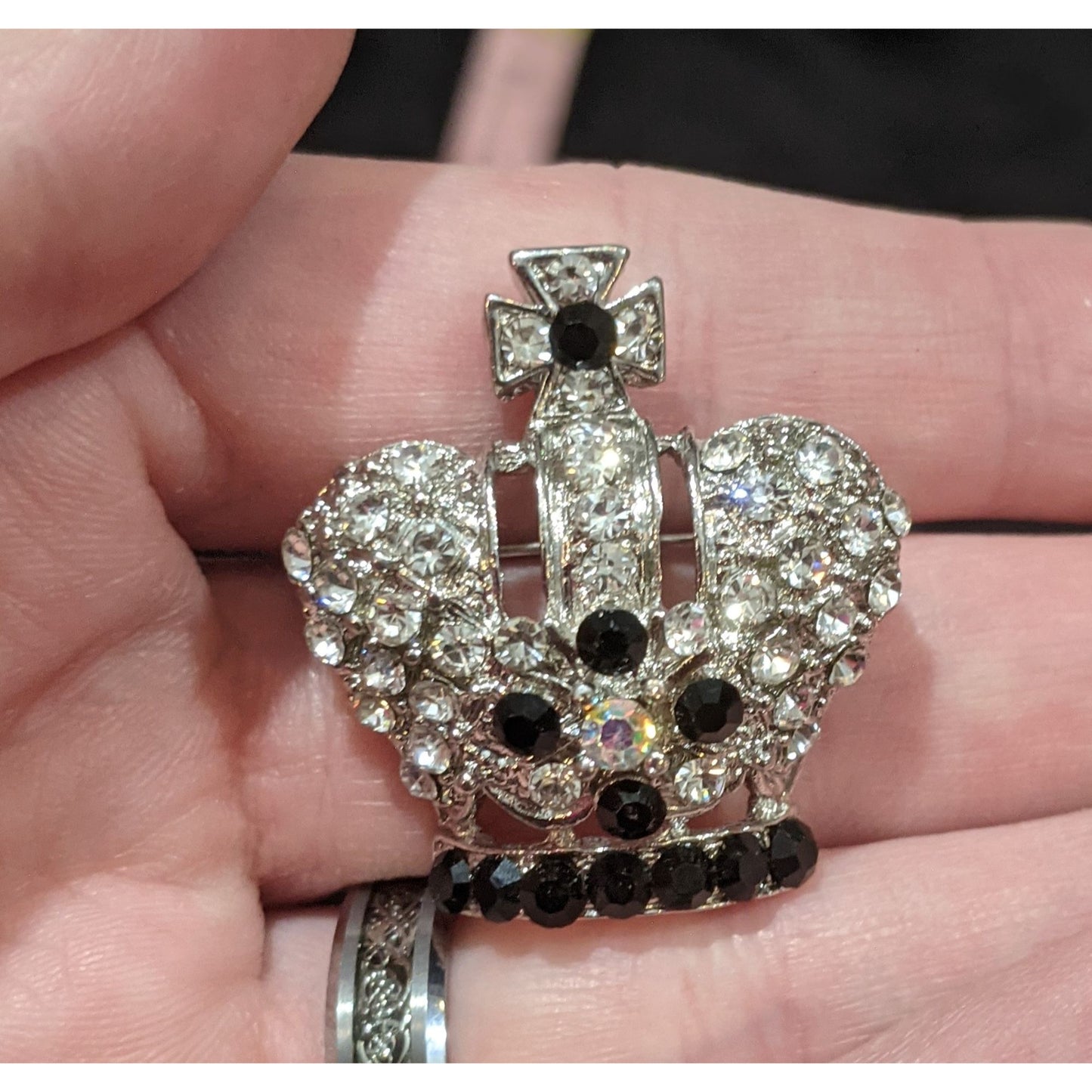 Silver And Black Rhinestone Crown Brooch