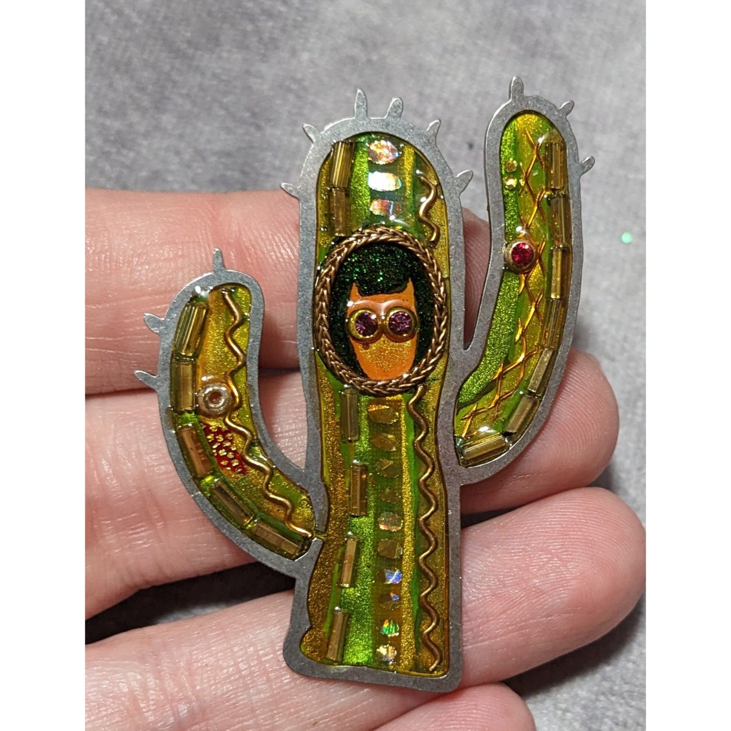 Artisan Made Glass Beaded Cactus Owl Brooch