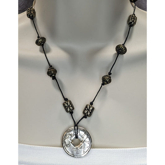 The Limited Viking-Inspired Coin Pendant Necklace With Antiqued Beads Black Cord