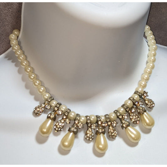 Faux Pearl Rhinestone Statement Necklace Bridal Wedding Vintage Glam Jewelry