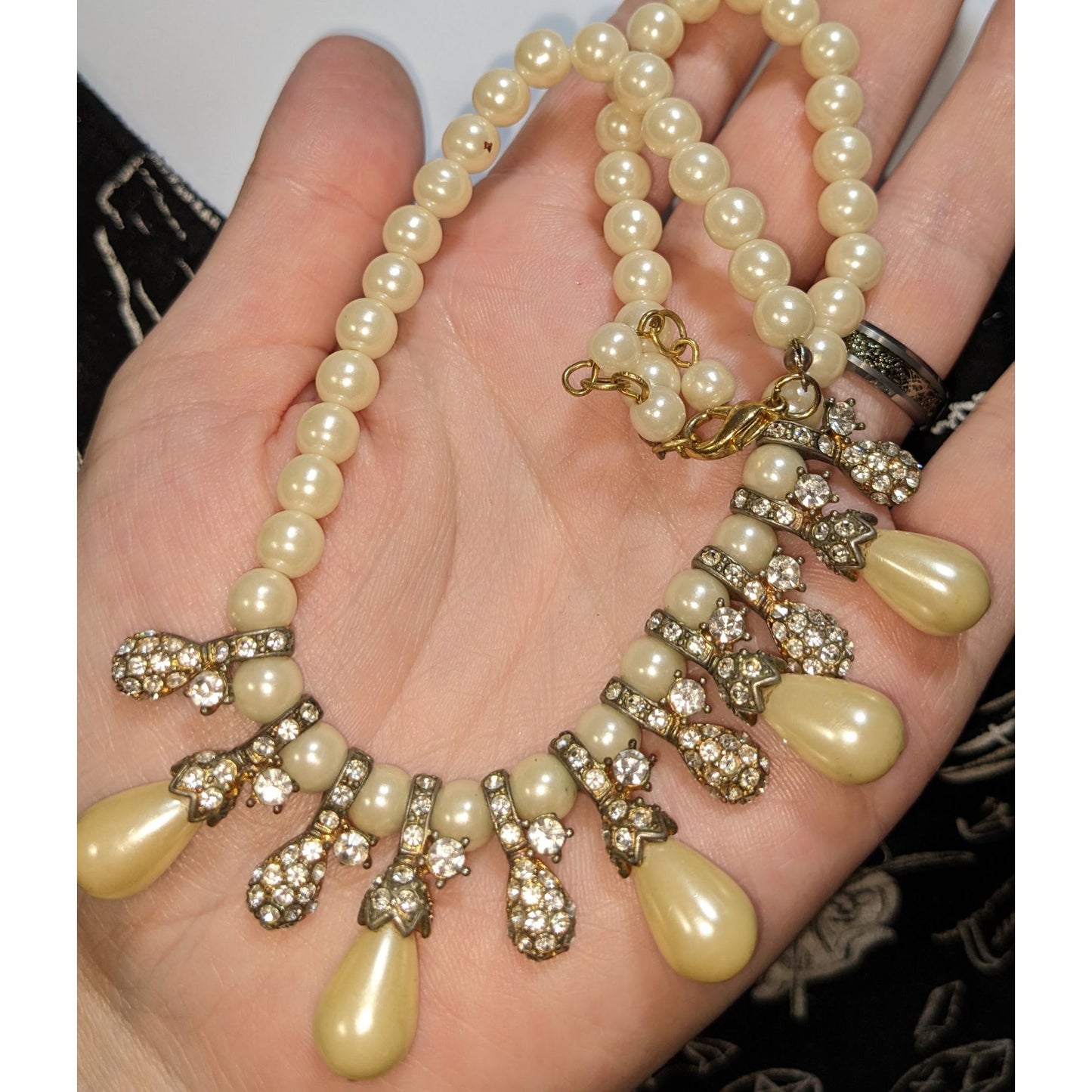 Faux Pearl Rhinestone Statement Necklace Bridal Wedding Vintage Glam Jewelry
