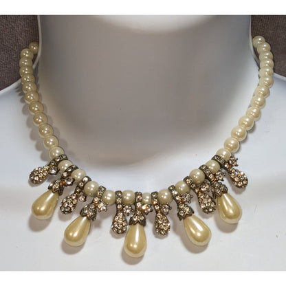 Faux Pearl Rhinestone Statement Necklace Bridal Wedding Vintage Glam Jewelry