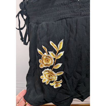 Kendall & Kylie Black Shorts With Gold Floral Embroidery