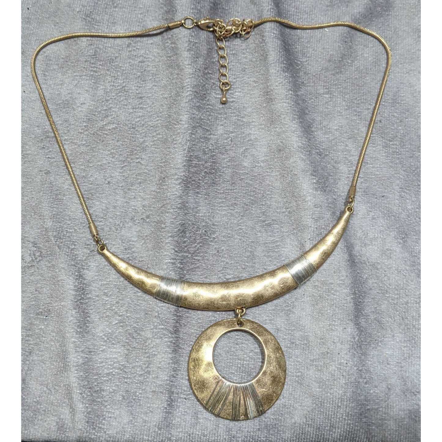 Vintage Brutalist Egyptian Two Tone Gold & Silver Bohemian Crescent Statement Necklace
