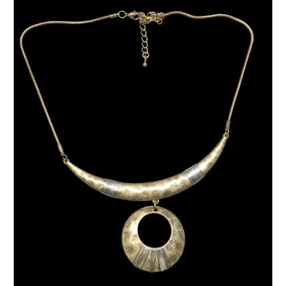 Vintage Brutalist Egyptian Two Tone Gold & Silver Bohemian Crescent Statement Necklace