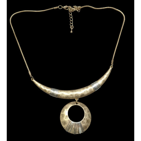 Vintage Brutalist Egyptian Two Tone Gold & Silver Bohemian Crescent Statement Necklace