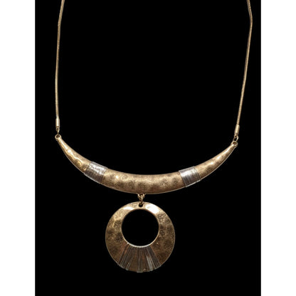 Vintage Brutalist Egyptian Two Tone Gold & Silver Bohemian Crescent Statement Necklace