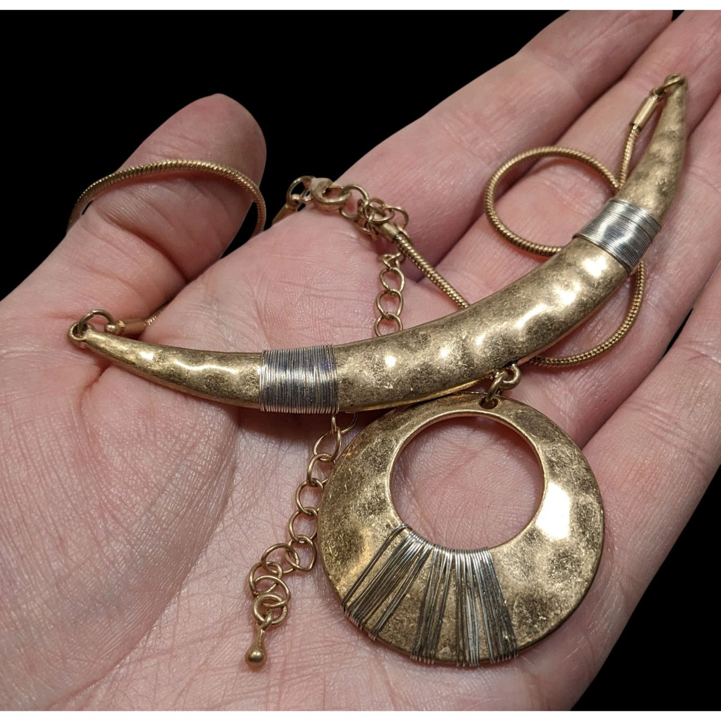 Vintage Brutalist Egyptian Two Tone Gold & Silver Bohemian Crescent Statement Necklace