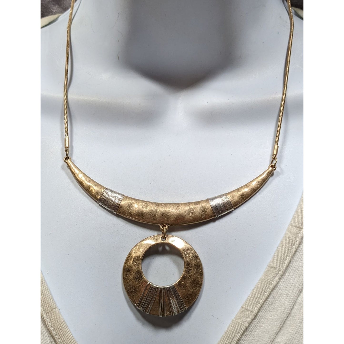 Vintage Brutalist Egyptian Two Tone Gold & Silver Bohemian Crescent Statement Necklace