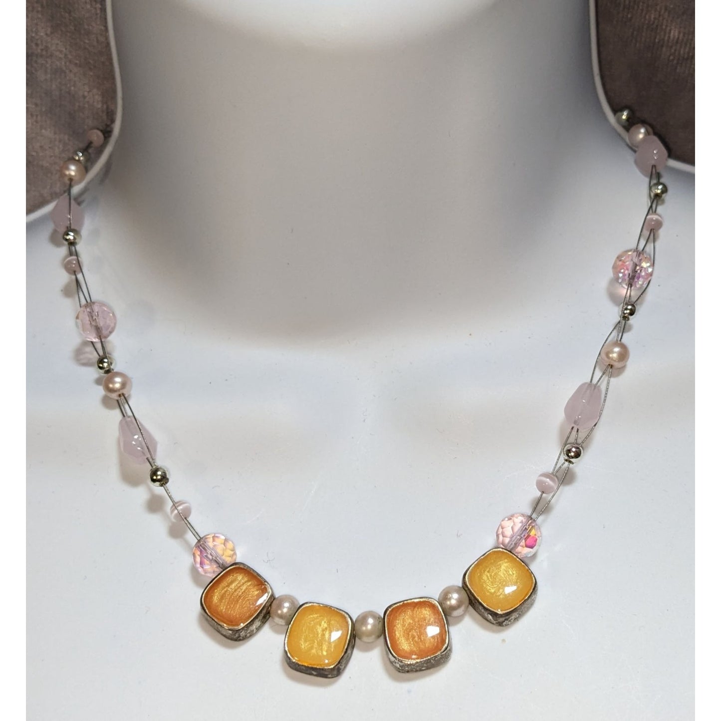 Pink Beaded Statement Necklace Pastel Glass Pearl Gold Tone Colorblock Jewelry