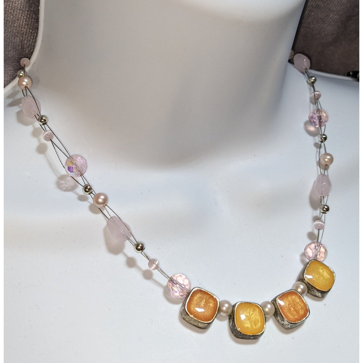 Pink Beaded Statement Necklace Pastel Glass Pearl Gold Tone Colorblock Jewelry