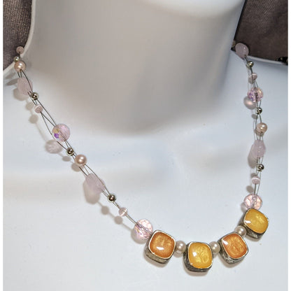 Pink Beaded Statement Necklace Pastel Glass Pearl Gold Tone Colorblock Jewelry
