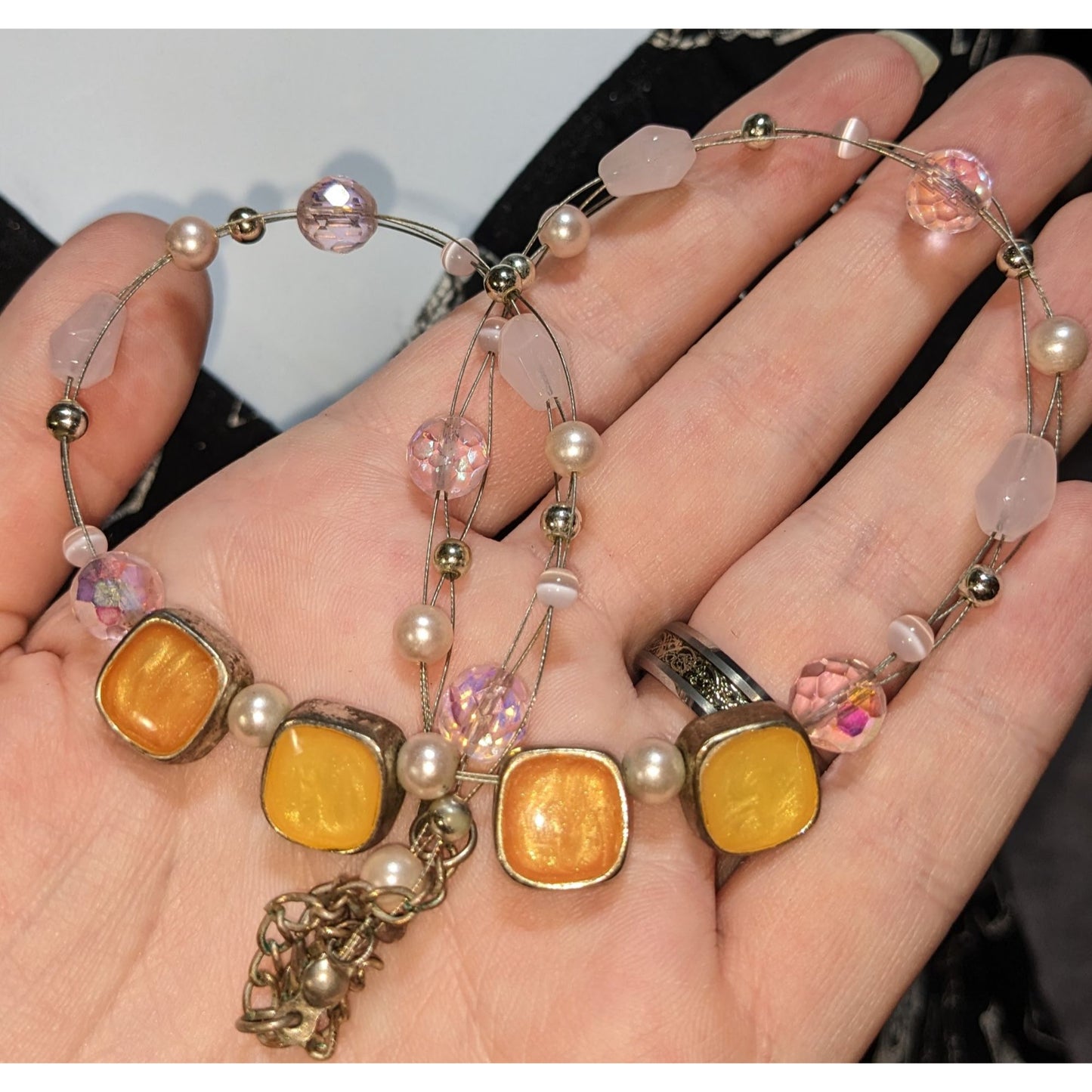 Pink Beaded Statement Necklace Pastel Glass Pearl Gold Tone Colorblock Jewelry