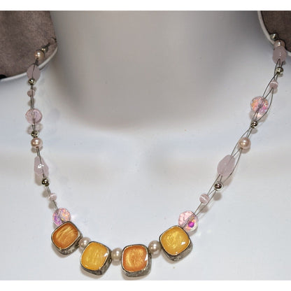Pink Beaded Statement Necklace Pastel Glass Pearl Gold Tone Colorblock Jewelry