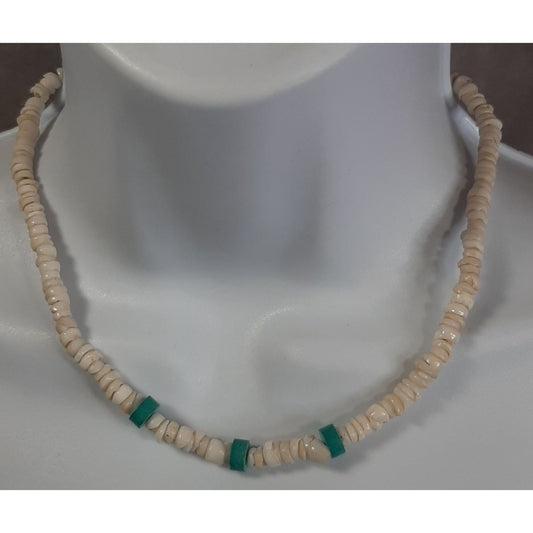 Vintage 90s Beachy White Puka  Shell Beaded Necklace With Turquoise Tone Accents