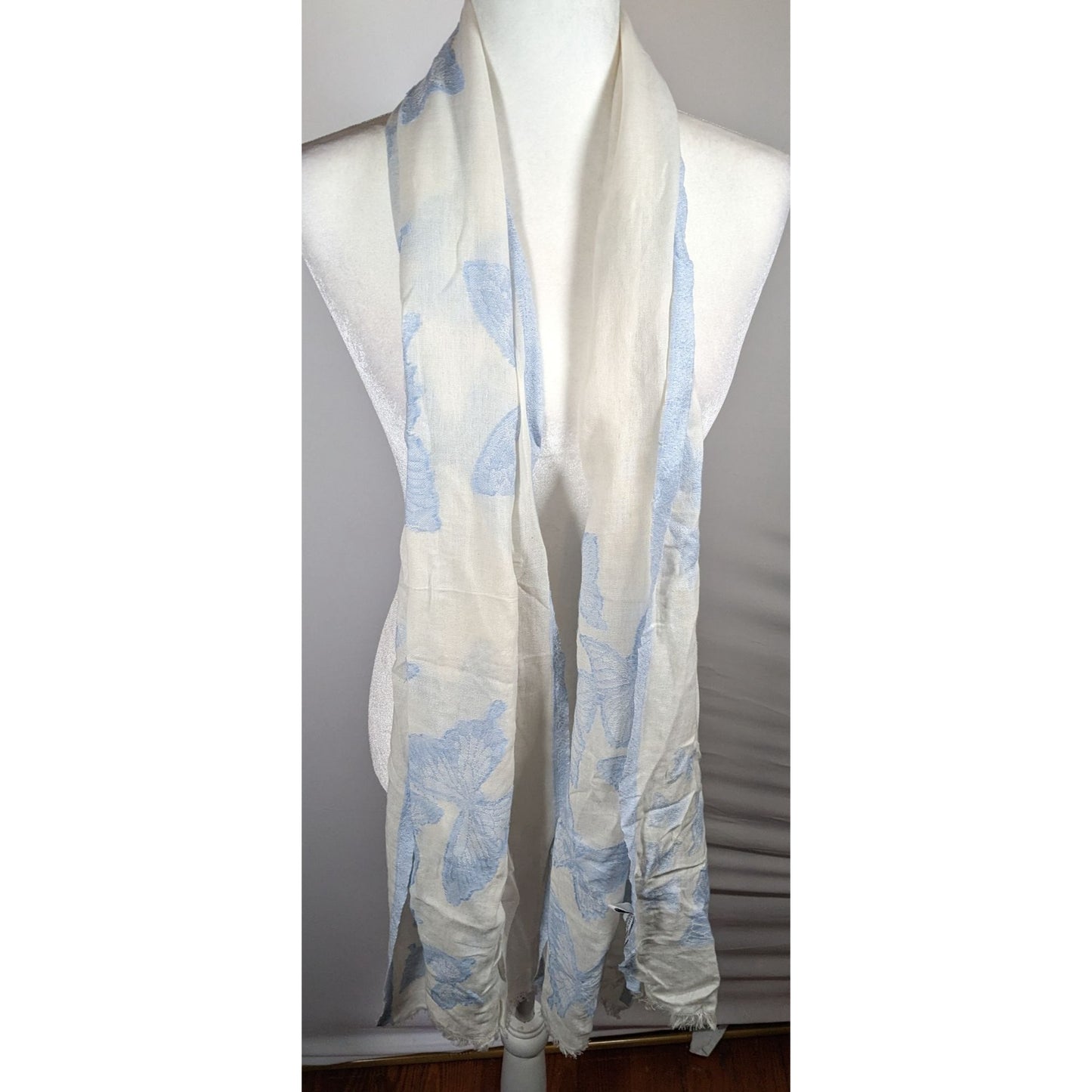 Pam's Pashminas & Exotic Scarves Fairycore Blue And White Butterfly Cotton Scarf