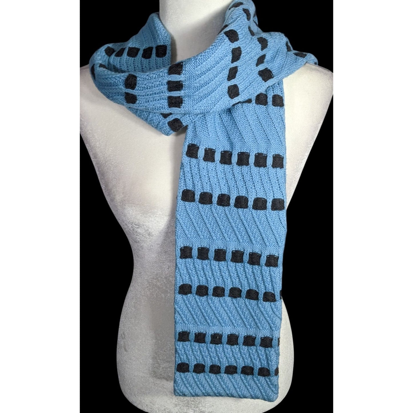 St. John Sport By Marie Gray Blue Knit Scarf With Black Square Pattern 59x6 Inches