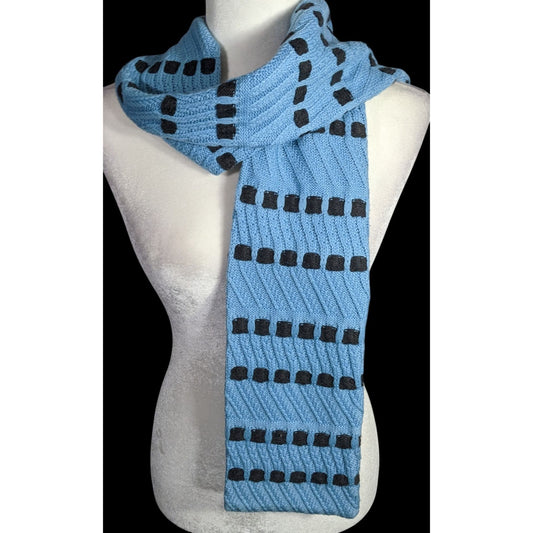 St. John Sport By Marie Gray Blue Knit Scarf With Black Square Pattern 59x6 Inches