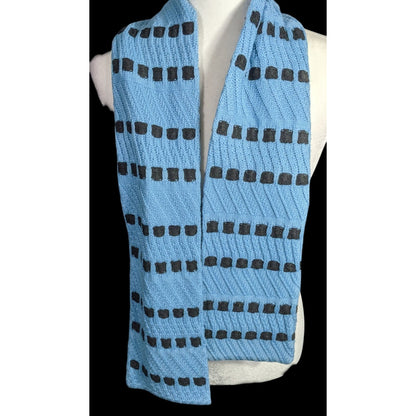 St. John Sport By Marie Gray Blue Knit Scarf With Black Square Pattern 59x6 Inches