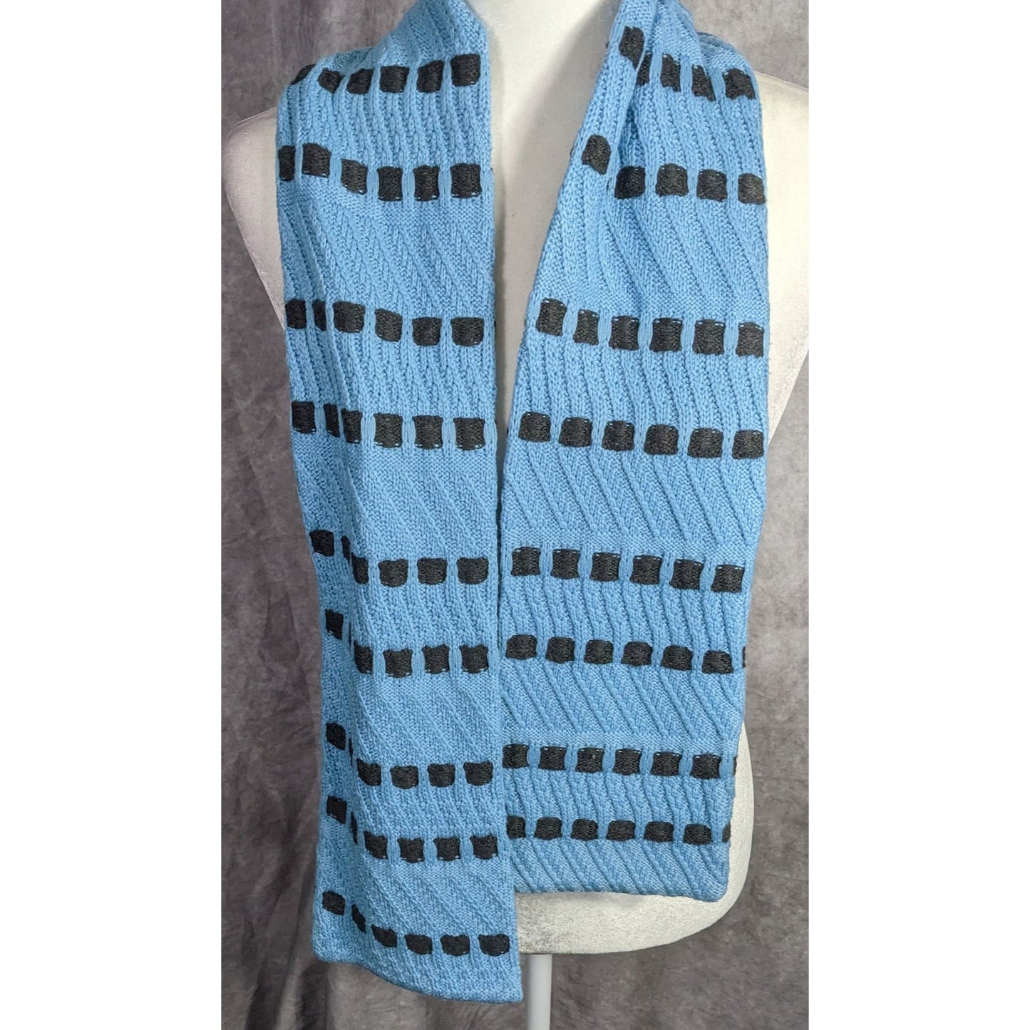 St. John Sport By Marie Gray Blue Knit Scarf With Black Square Pattern 59x6 Inches
