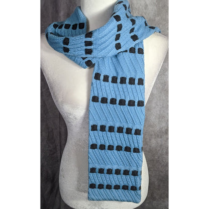 St. John Sport By Marie Gray Blue Knit Scarf With Black Square Pattern 59x6 Inches