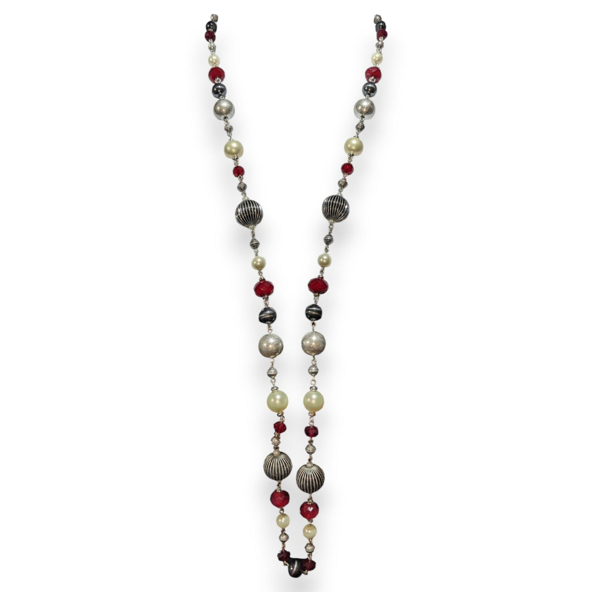 Premier Designs Vintage Glam Goth Silver Tone Red Faux Pearl Necklace 37 Inch