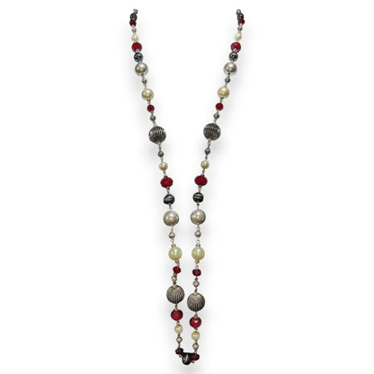 Premier Designs Vintage Glam Goth Silver Tone Red Faux Pearl Necklace 37 Inch