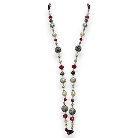 Premier Designs Vintage Glam Goth Silver Tone Red Faux Pearl Necklace 37 Inch