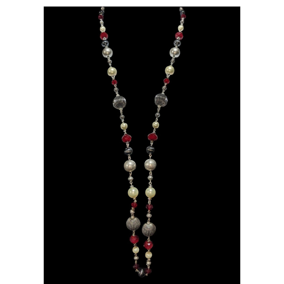 Premier Designs Vintage Glam Goth Silver Tone Red Faux Pearl Necklace 37 Inch